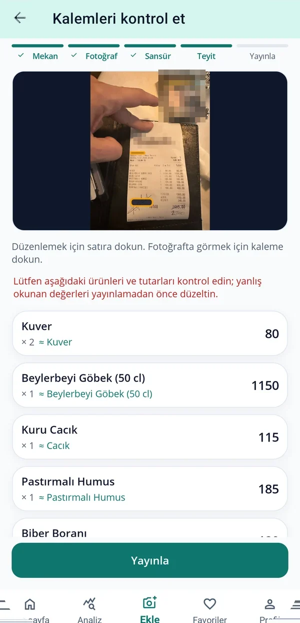 Adisyon teyit ekranı